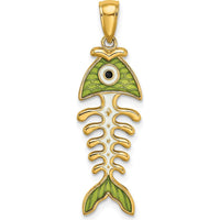 14K Yellow Gold 3D Green Enamel Fish Bone Charm Pendant - 26.9mm Length by Oro Pregiato