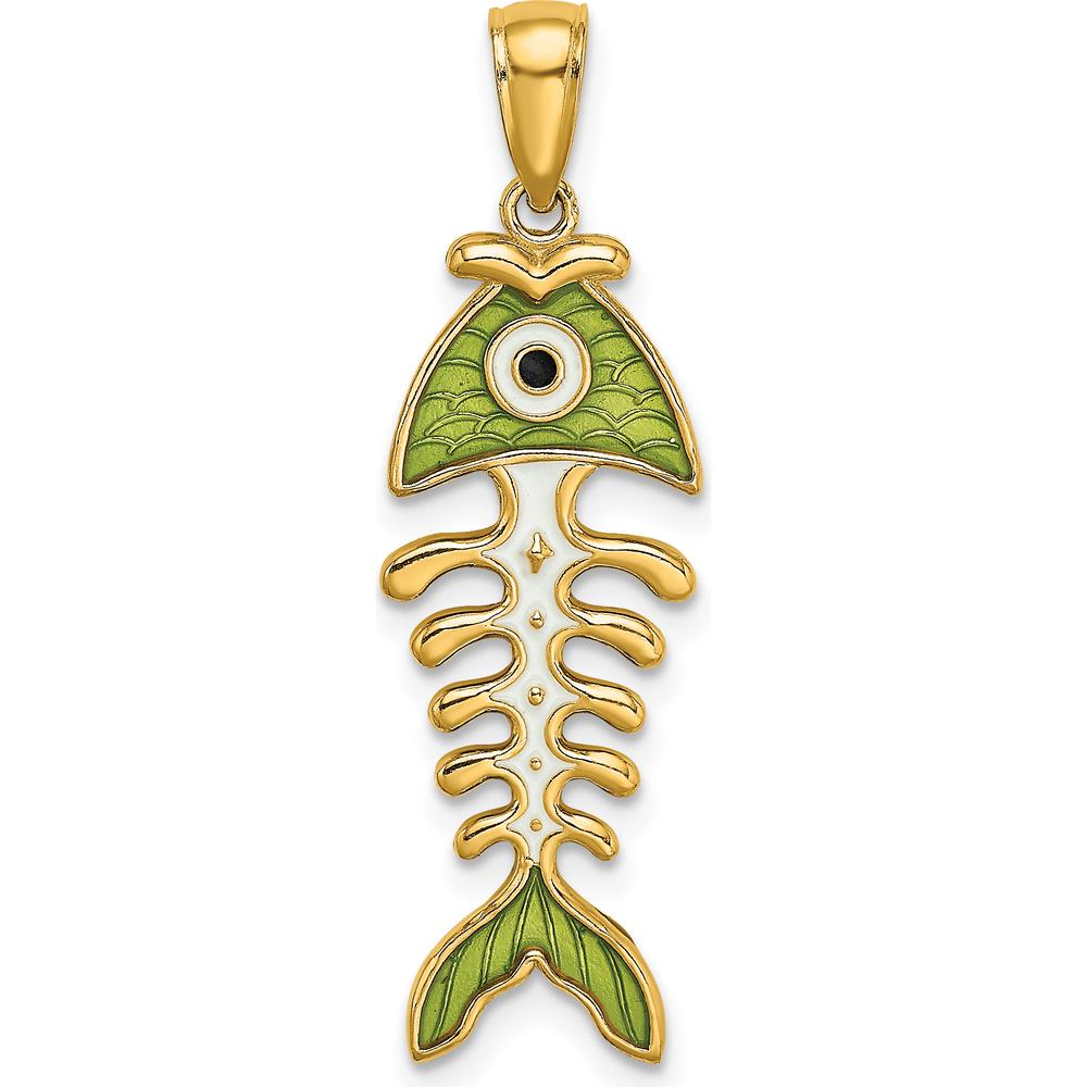14K Yellow Gold 3D Green Enamel Fish Bone Charm Pendant - 26.9mm Length by Oro Pregiato