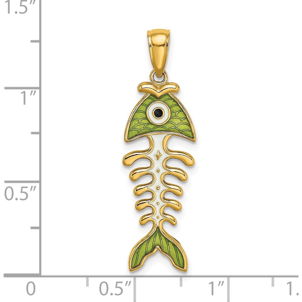 14K Yellow Gold 3D Green Enamel Fish Bone Charm Pendant - 26.9mm Length by Oro Pregiato