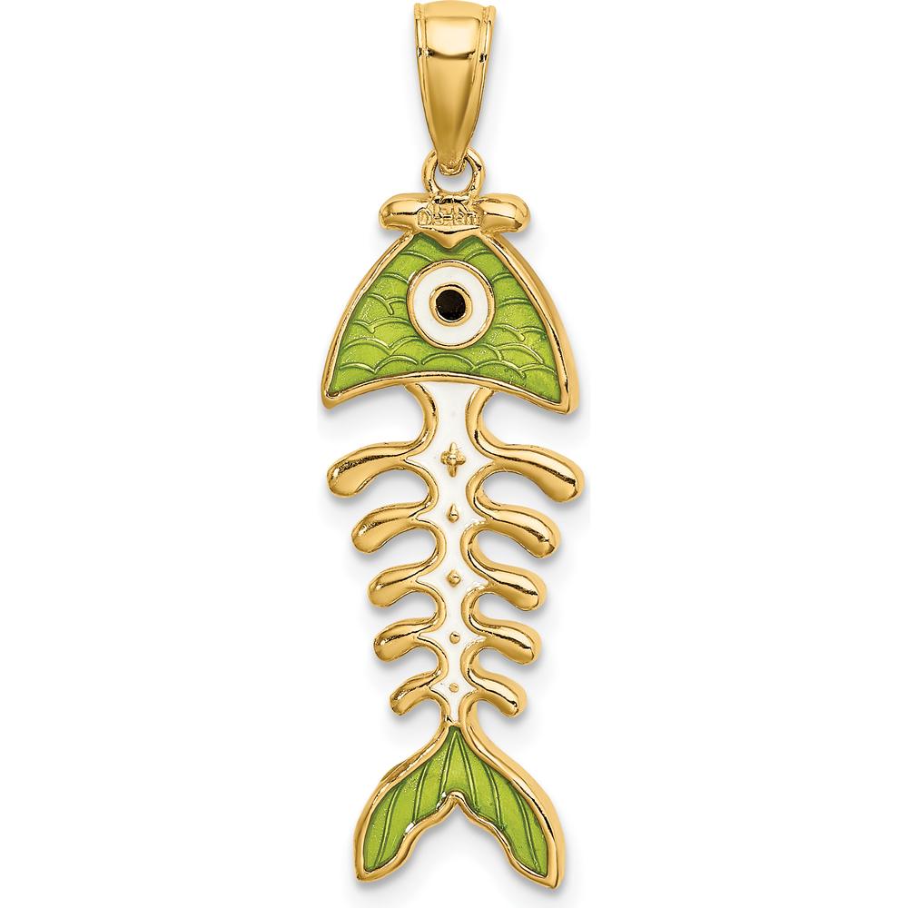14K Yellow Gold 3D Green Enamel Fish Bone Charm Pendant - 26.9mm Length by Oro Pregiato