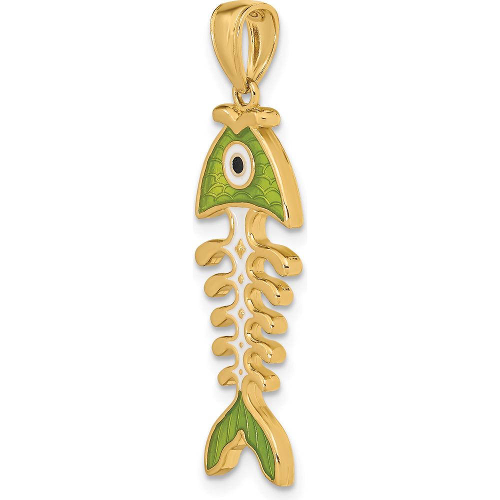 14K Yellow Gold 3D Green Enamel Fish Bone Charm Pendant - 26.9mm Length by Oro Pregiato