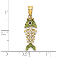 14K Yellow Gold 3D Green Enamel Fish Bone Charm Pendant with Black Eye Accent by Oro Pregiato