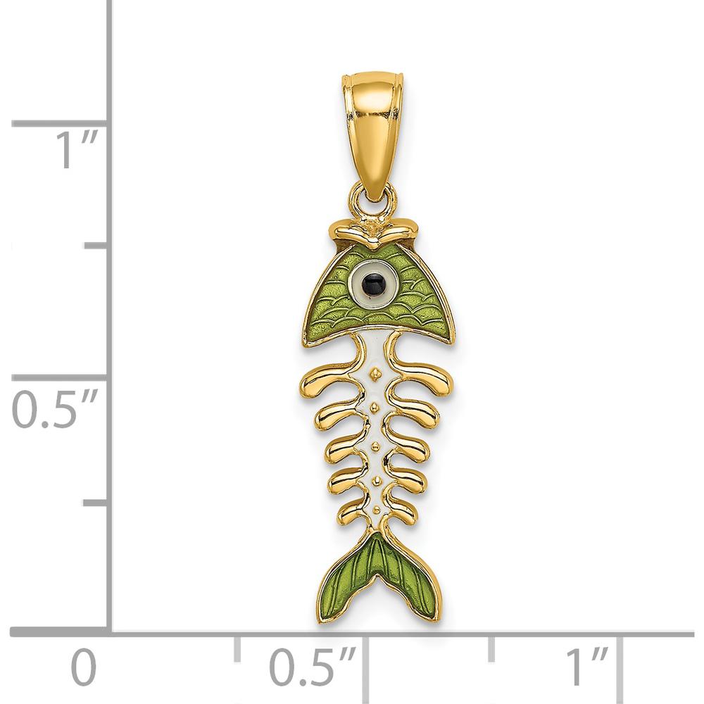 14K Yellow Gold 3D Green Enamel Fish Bone Charm Pendant with Black Eye Accent by Oro Pregiato