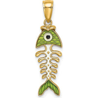 14K Yellow Gold 3D Green Enamel Fish Bone Charm Pendant with Black Eye Accent by Oro Pregiato