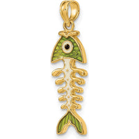14K Yellow Gold 3D Green Enamel Fish Bone Charm Pendant with Black Eye Accent by Oro Pregiato