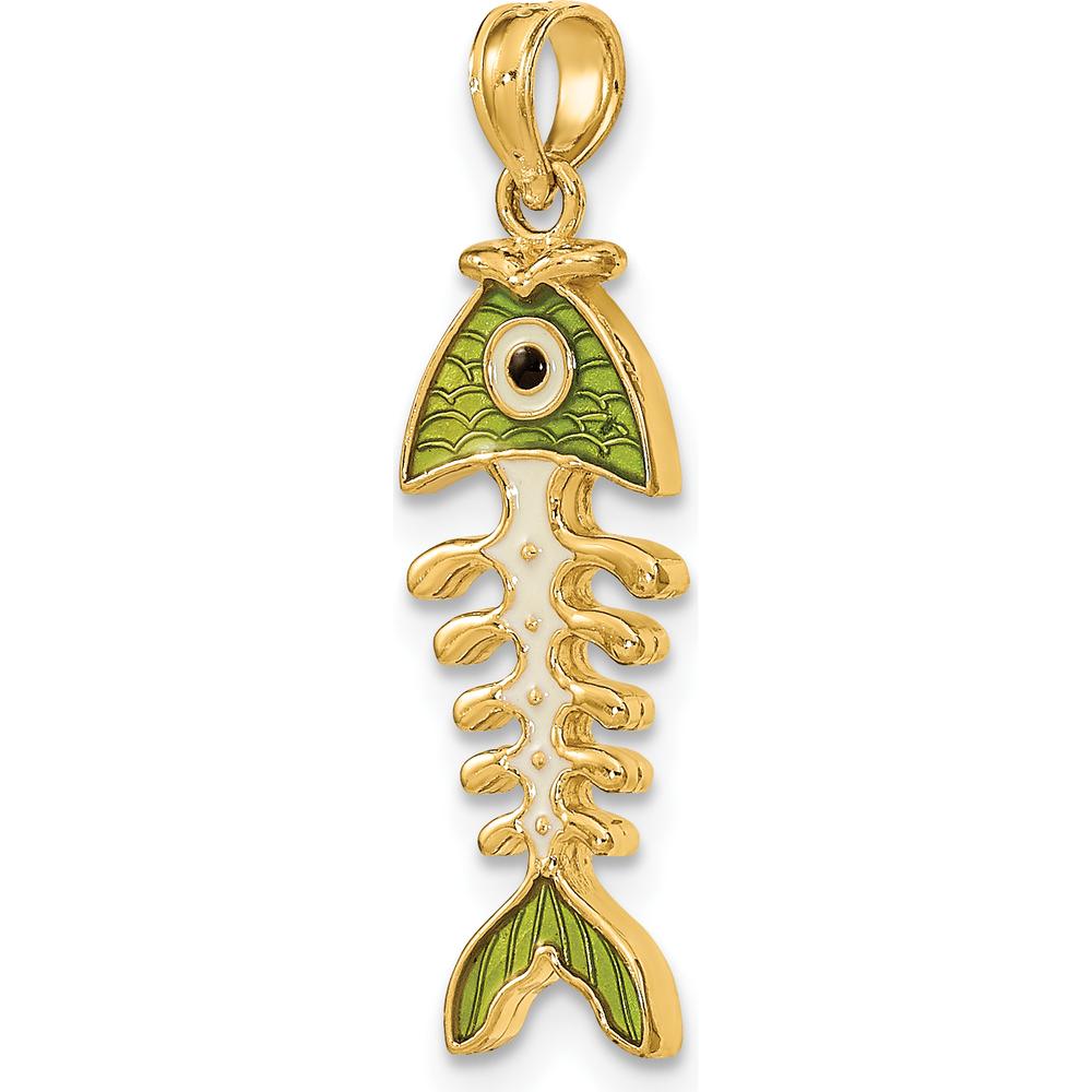 14K Yellow Gold 3D Green Enamel Fish Bone Charm Pendant with Black Eye Accent by Oro Pregiato