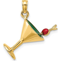 14K Yellow Gold 3D Green Enamel Martini with Red Cherry Charm - Fun Cocktail Pendant by Oro Pregiato