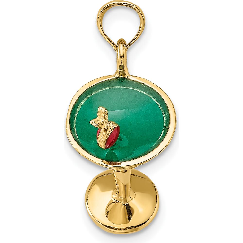 14K Yellow Gold 3D Green Enamel Martini with Red Cherry Charm - Fun Cocktail Pendant by Oro Pregiato