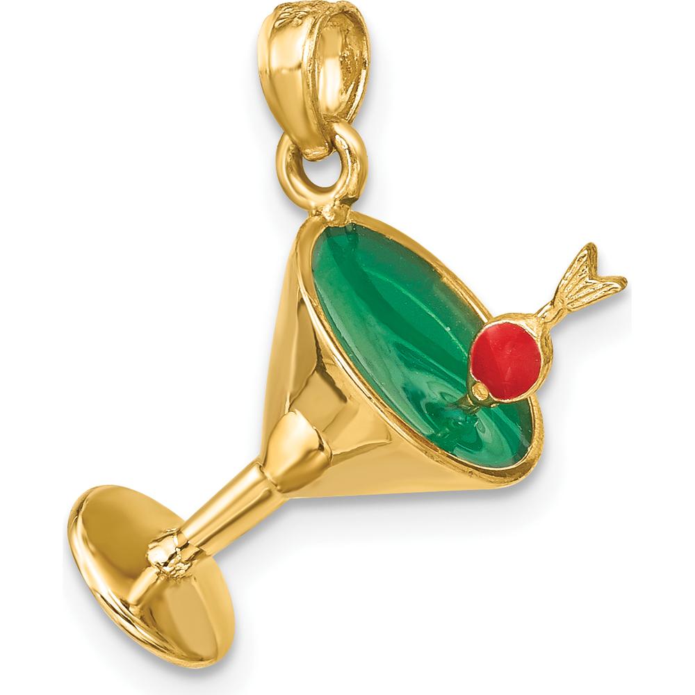 14K Yellow Gold 3D Green Enamel Martini with Red Cherry Charm - Fun Cocktail Pendant by Oro Pregiato