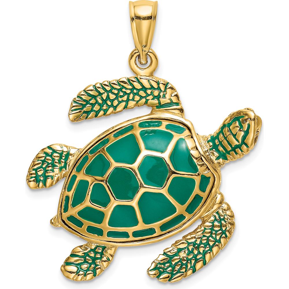 14K Yellow Gold 3D Green Enamel Sea Turtle Charm Pendant - 36mm Length by Oro Pregiato