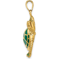 14K Yellow Gold 3D Green Enamel Sea Turtle Charm Pendant - 36mm Length by Oro Pregiato