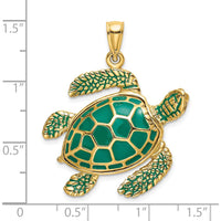 14K Yellow Gold 3D Green Enamel Sea Turtle Charm Pendant - 36mm Length by Oro Pregiato