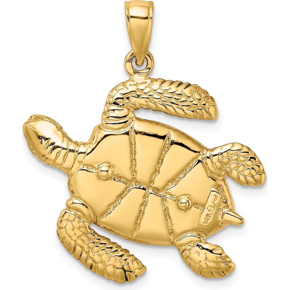 14K Yellow Gold 3D Green Enamel Sea Turtle Charm Pendant - 36mm Length by Oro Pregiato