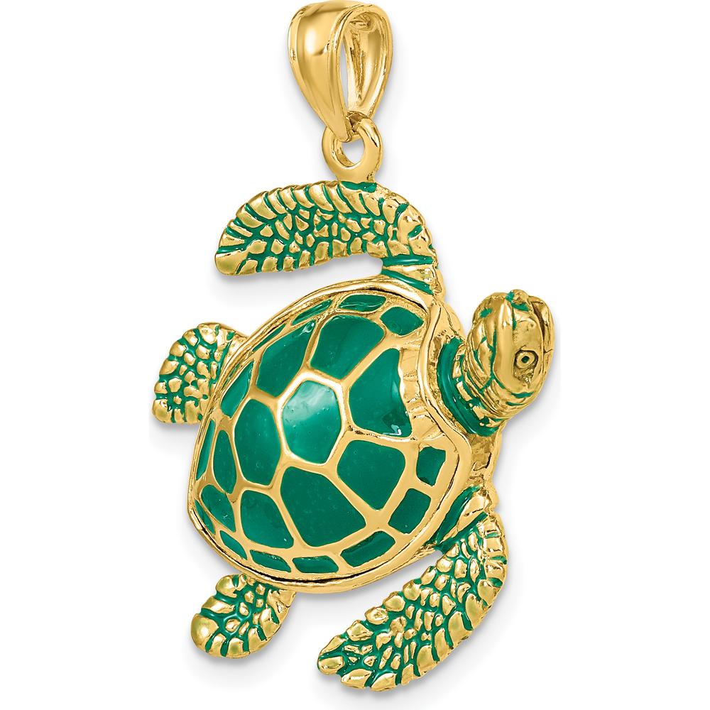 14K Yellow Gold 3D Green Enamel Sea Turtle Charm Pendant - 36mm Length by Oro Pregiato
