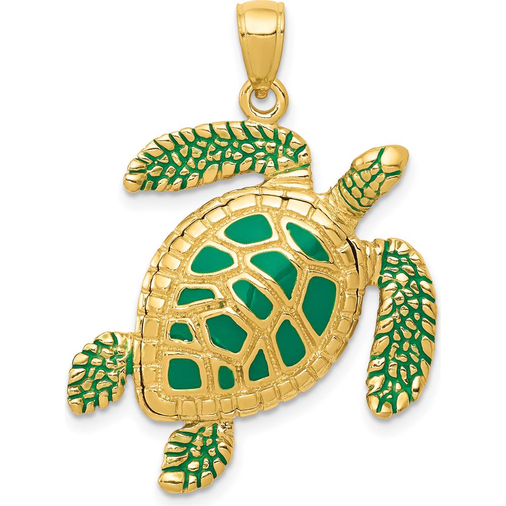 14K Yellow Gold 3D Green Enameled Sea Turtle Pendant - 33mm Length by Oro Pregiato