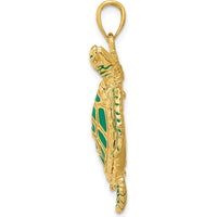 14K Yellow Gold 3D Green Enameled Sea Turtle Pendant - 33mm Length by Oro Pregiato