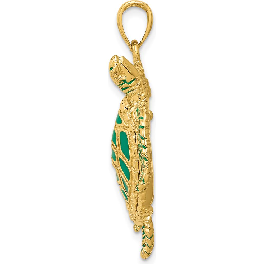14K Yellow Gold 3D Green Enameled Sea Turtle Pendant - 33mm Length by Oro Pregiato