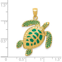 14K Yellow Gold 3D Green Enameled Sea Turtle Pendant - 33mm Length by Oro Pregiato