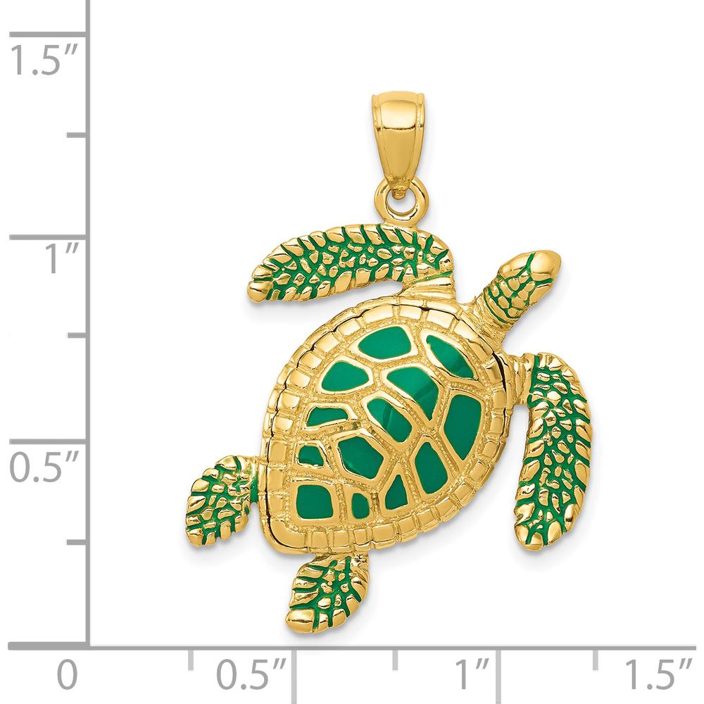 14K Yellow Gold 3D Green Enameled Sea Turtle Pendant - 33mm Length by Oro Pregiato