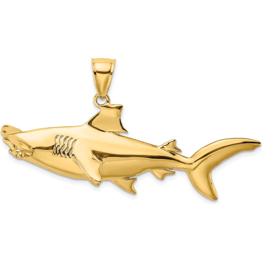 14K Yellow Gold 3D Hammerhead Shark Pendant with Polished Finish - Large Marine Motif Jewelry by Oro Pregiato