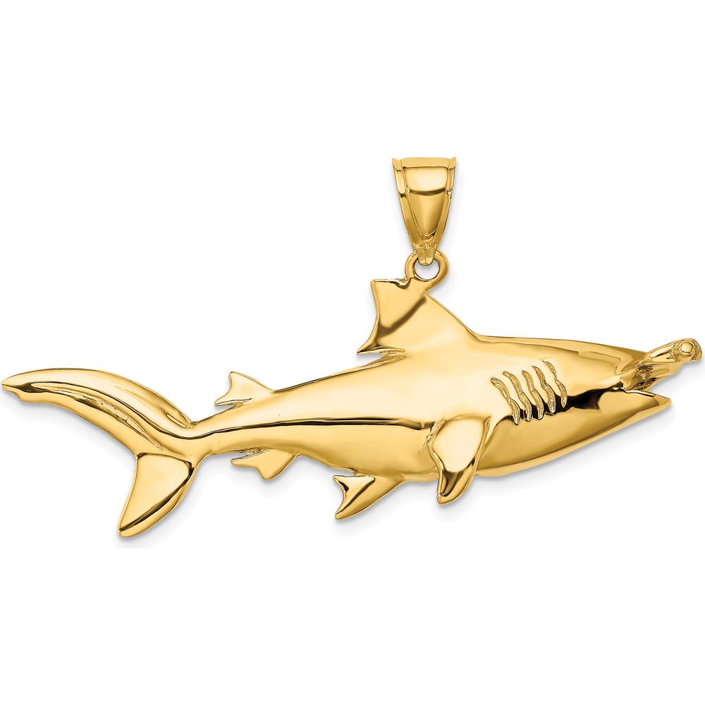 14K Yellow Gold 3D Hammerhead Shark Pendant with Polished Finish - Large Marine Motif Jewelry by Oro Pregiato