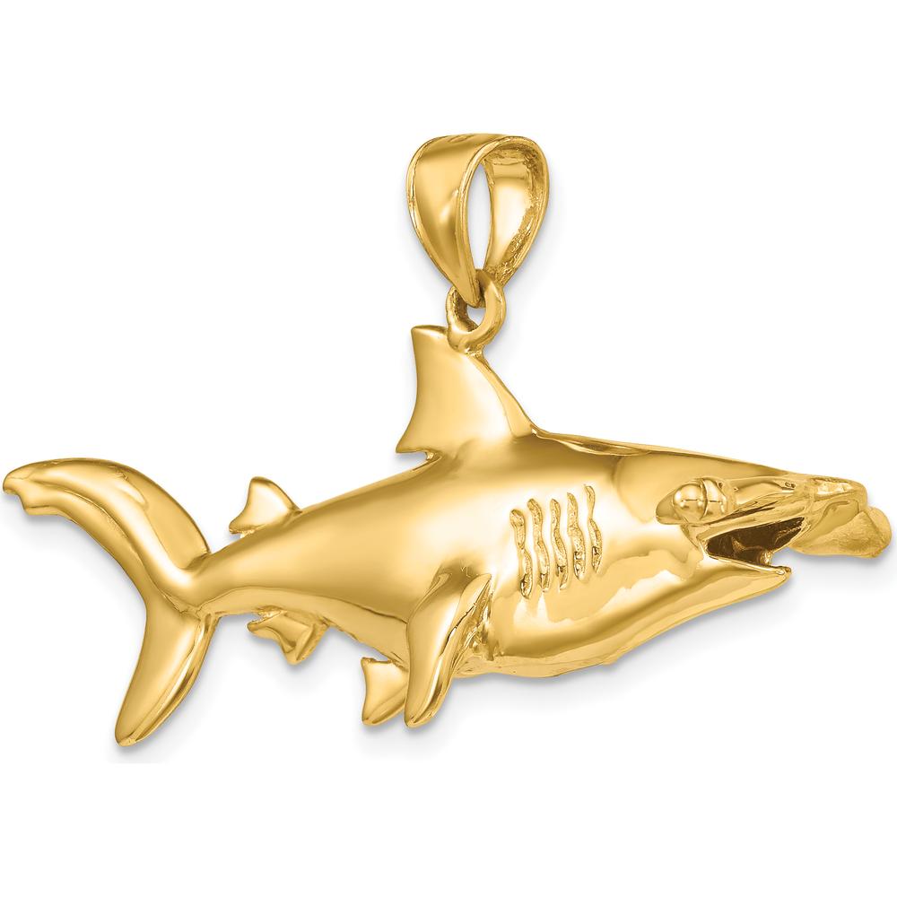 14K Yellow Gold 3D Hammerhead Shark Pendant with Polished Finish - Large Marine Motif Jewelry by Oro Pregiato