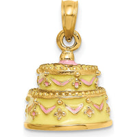 14K Yellow Gold 3D Happy Anniversary Cake Charm with Yellow and Pink Enamel Details by Oro Pregiato