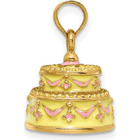 14K Yellow Gold 3D Happy Anniversary Cake Charm with Yellow and Pink Enamel Details by Oro Pregiato