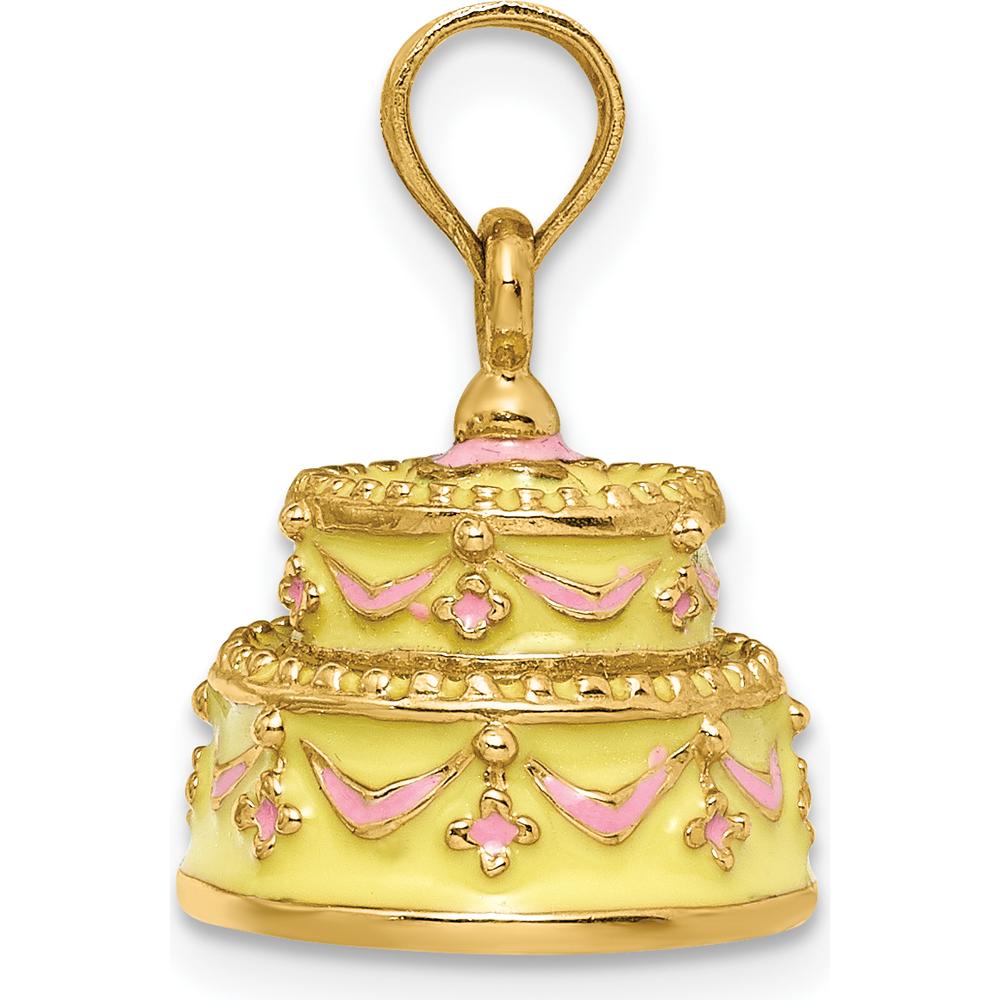 14K Yellow Gold 3D Happy Anniversary Cake Charm with Yellow and Pink Enamel Details by Oro Pregiato