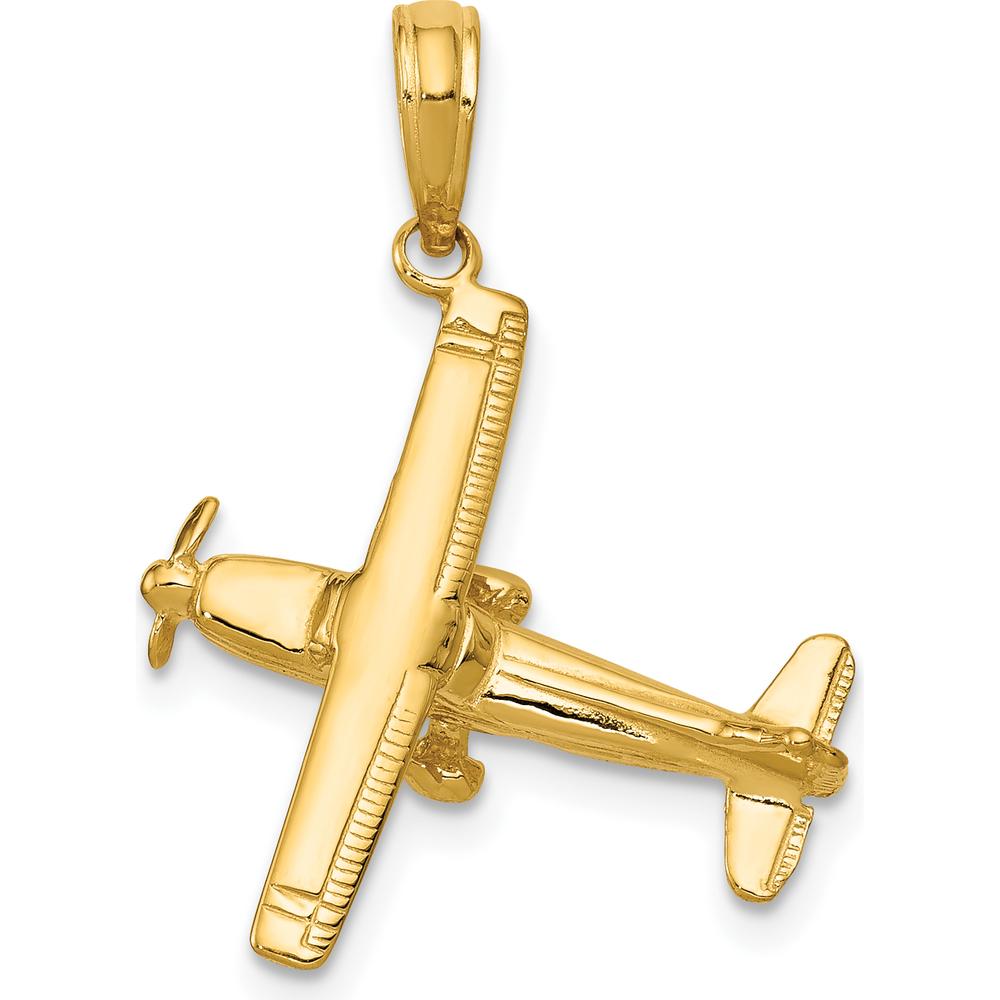 14K Yellow Gold 3D High-Wing Airplane Pendant - Polished Finish by Oro Pregiato