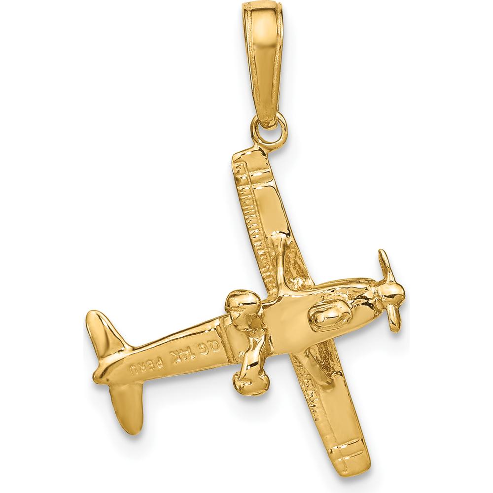14K Yellow Gold 3D High-Wing Airplane Pendant - Polished Finish by Oro Pregiato