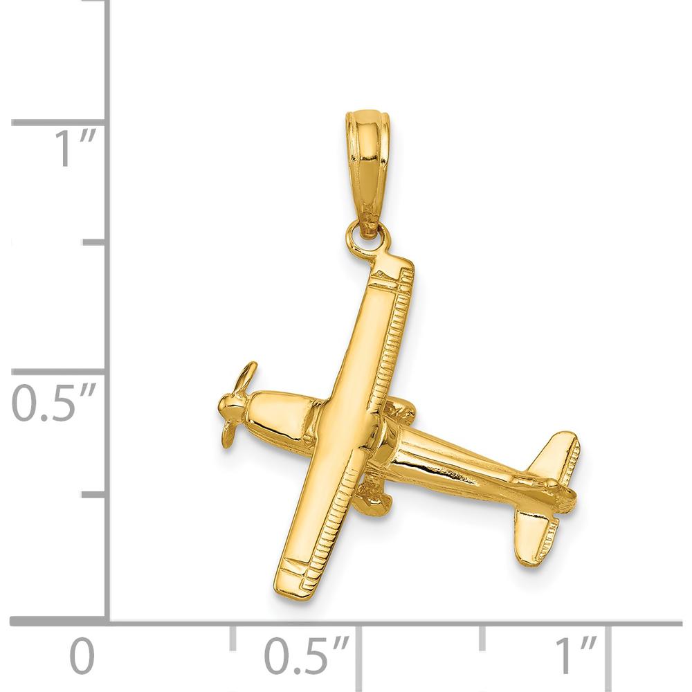 14K Yellow Gold 3D High-Wing Airplane Pendant - Polished Finish by Oro Pregiato