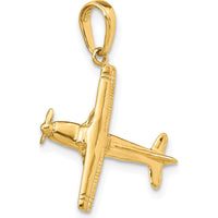 14K Yellow Gold 3D High-Wing Airplane Pendant - Polished Finish by Oro Pregiato