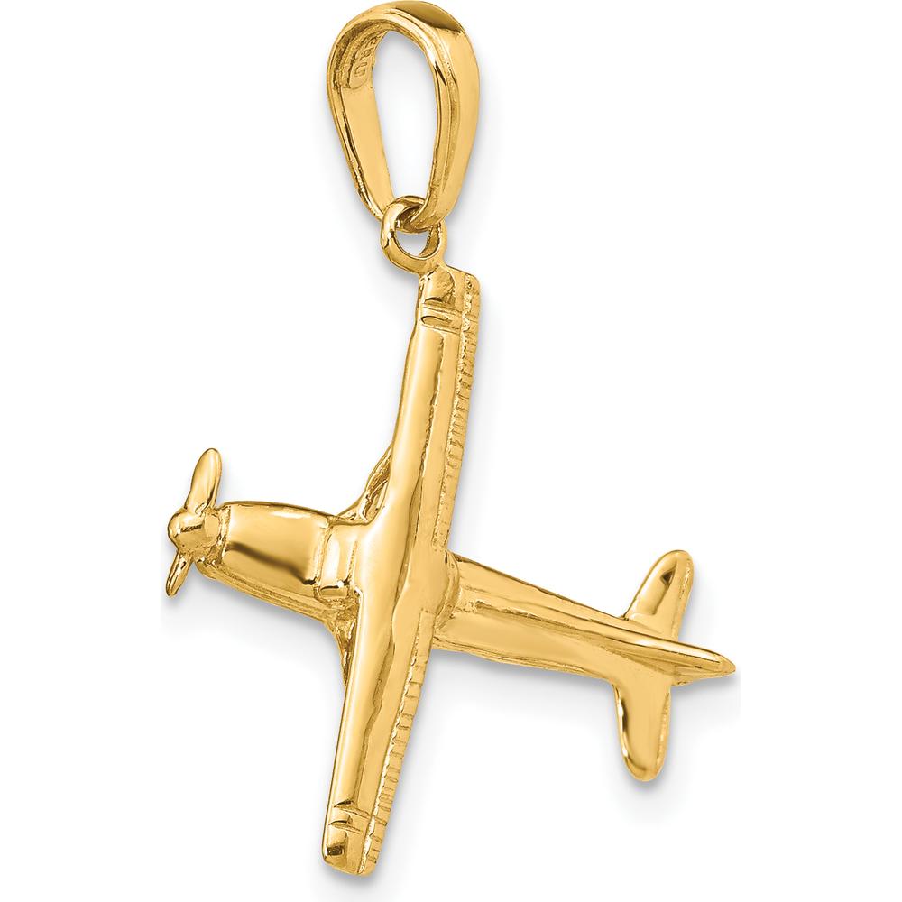 14K Yellow Gold 3D High-Wing Airplane Pendant - Polished Finish by Oro Pregiato