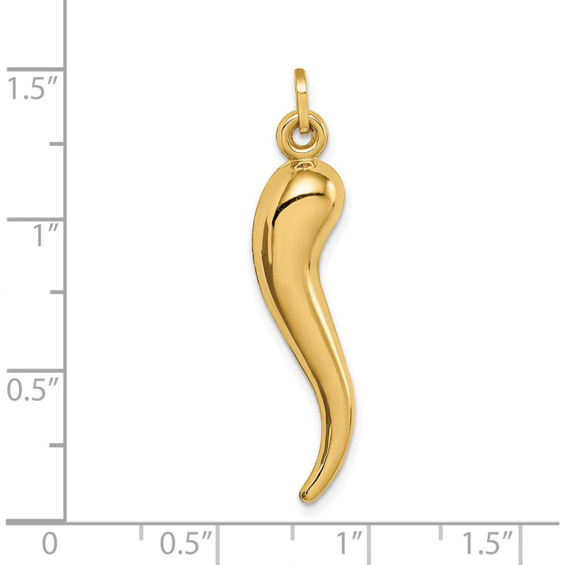 14K Yellow Gold 3D Hollow Italian Horn Pendant Charm - 33mm Length by Oro Pregiato