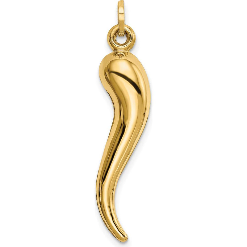 14K Yellow Gold 3D Hollow Italian Horn Pendant Charm - 33mm Length by Oro Pregiato