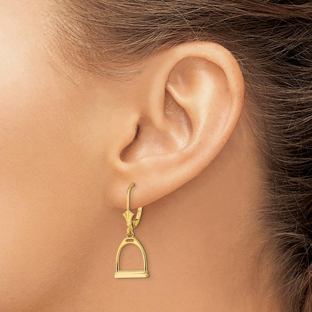 14K Yellow Gold 3D Horse Stirrup Leverback Drop Earrings by 0