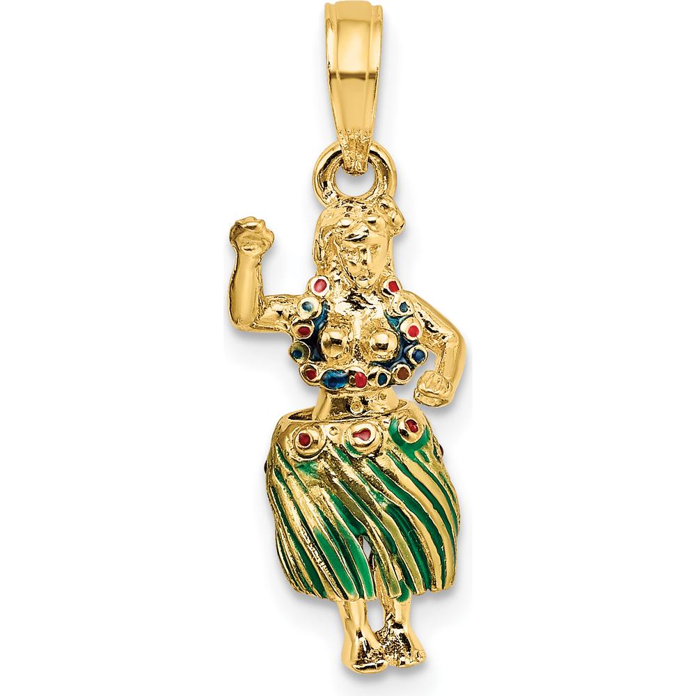 14K Yellow Gold 3D Hula Girl with Moveable Grass Skirt Charm in Multi-Colored Enamel by Oro Pregiato