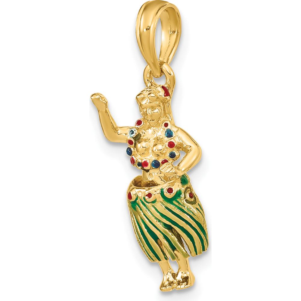 14K Yellow Gold 3D Hula Girl with Moveable Grass Skirt Charm in Multi-Colored Enamel by Oro Pregiato