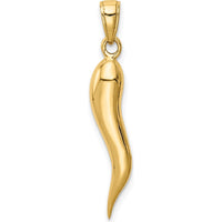 14K Yellow Gold 3D Italian Horn Pendant - 30mm Length, Polished Finish by Oro Pregiato