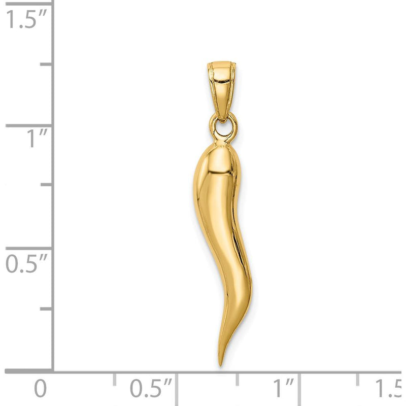 14K Yellow Gold 3D Italian Horn Pendant - 30mm Length, Polished Finish by Oro Pregiato