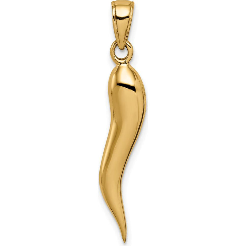 14K Yellow Gold 3D Italian Horn Pendant - 30mm Length, Polished Finish by Oro Pregiato