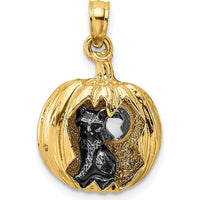 14K Yellow Gold 3D Jack-o-Lantern Pendant with Enameled Black Cat and Moon Charm by Oro Pregiato