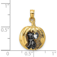 14K Yellow Gold 3D Jack-o-Lantern Pendant with Enameled Black Cat and Moon Charm by Oro Pregiato