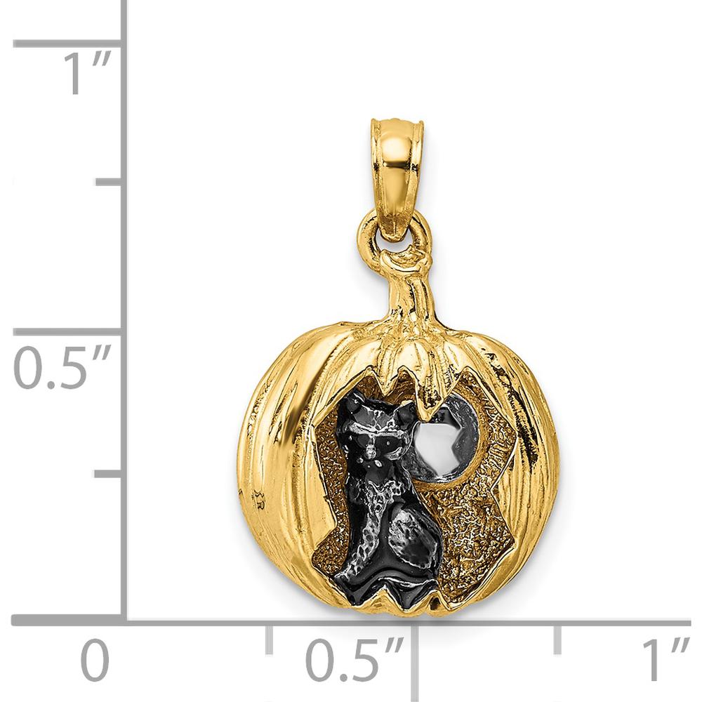 14K Yellow Gold 3D Jack-o-Lantern Pendant with Enameled Black Cat and Moon Charm by Oro Pregiato
