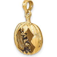 14K Yellow Gold 3D Jack-o-Lantern Pendant with Enameled Black Cat and Moon Charm by Oro Pregiato