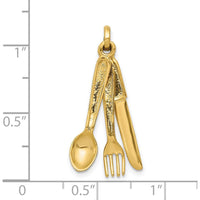 14K Yellow Gold 3D Knife, Fork, and Spoon Charm - Polished