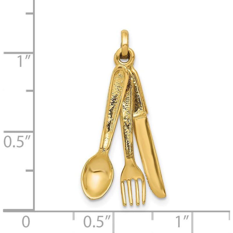 14K Yellow Gold 3D Knife, Fork, and Spoon Charm - Polished