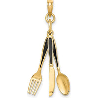 14K Yellow Gold 3D Knife, Fork, Spoon Moveable Charm - Black Enamel Accents by Oro Pregiato