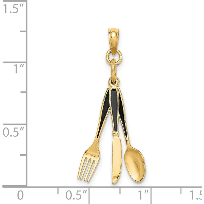 14K Yellow Gold 3D Knife, Fork, Spoon Moveable Charm - Black Enamel Accents by Oro Pregiato